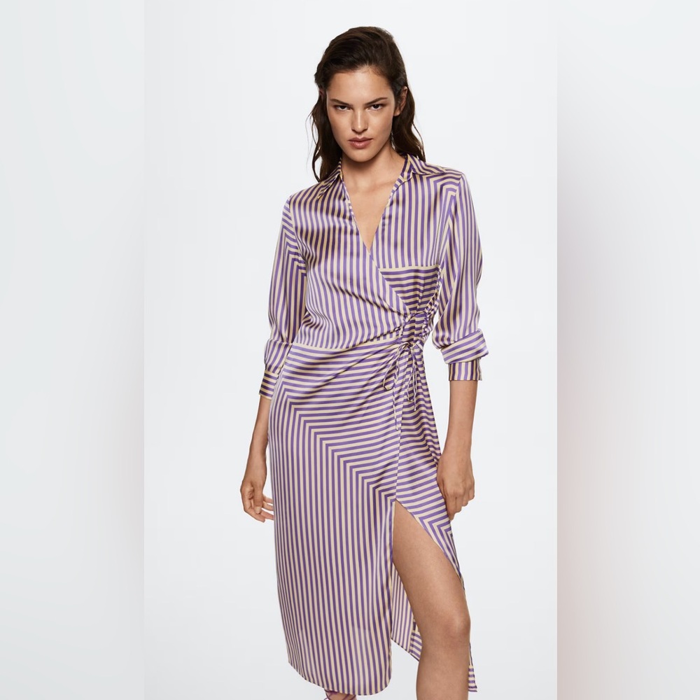 NWT Mango Striped Satin Wrap Dress in Pastel Purple